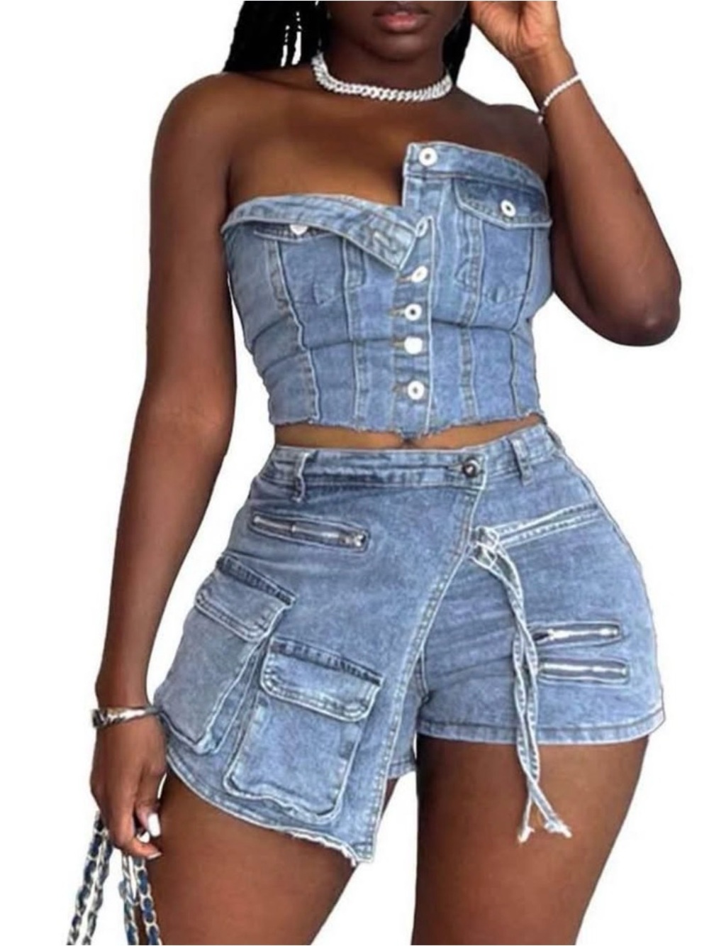 Denim Cargo Wrap Shorts - Light Blue Women’s Shorts